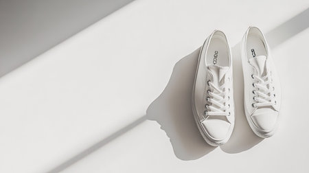 A pair of white sneakers neatly placed on a white background with soft shadows for e-commerce or fashion useの素材