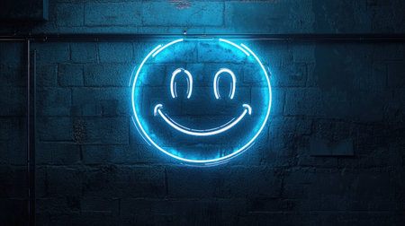 A minimal neon smiley face design glowing on a plain dark wall, ideal for youth or urban lifestyle brandingの素材