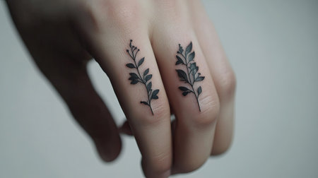 A small matching minimalist tattoo on two friends' fingers, symbolizing connection and simplicityの素材
