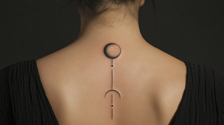 A moon phase minimalist tattoo along the spine, captured in gentle side lighting for contrastの素材
