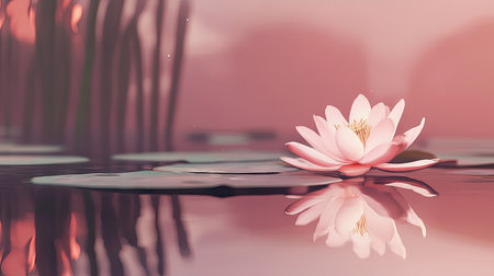 A single pale pink lotus flower floating near a lily pad in still water, surrounded by soft reflections and gentle shadowsの素材
