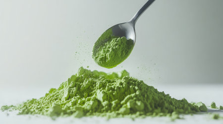 A teaspoon scooping bright green matcha powder from a pile on a crisp white backgroundの素材