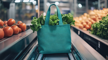 A reusable tote bag and groceries being loaded onto a conveyor belt, promoting sustainable shopping habitsの素材