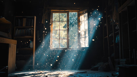 Backlit dust motes sparkling in sunrays entering a dark studio through a single open windowの素材