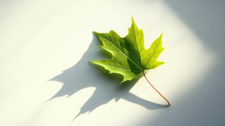 A single green leaf casting a soft shadow on a pure white background, emphasizing natural simplicity and eco themesの素材