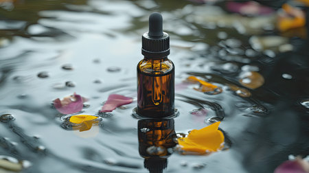 Clear essential oil bottle with herbal blend, floating in water with flower petals aroundの素材