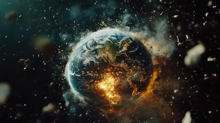 A surreal scene of Earth disintegrating into ash and embers in the vacuum of spaceの素材
