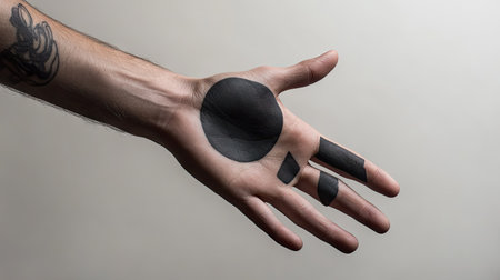 A simple abstract shape tattoo on the back of the hand, featured in a high-contrast studio light setupの素材