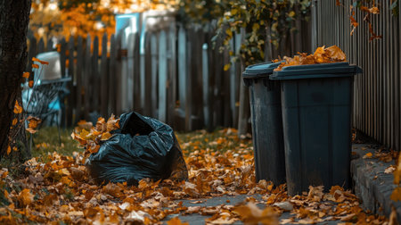 Backyard scene with an open trash can and black trash bag partially filled, surrounded by fallen leavesの素材