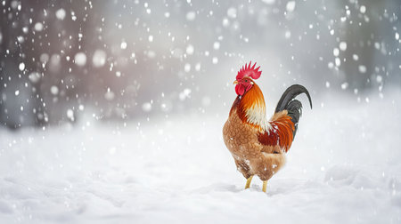 A rooster standing in snow, its bright plumage contrasting starkly against the cold white backgroundの素材