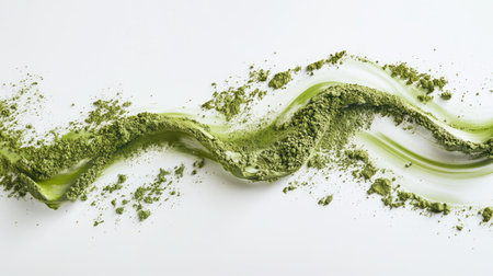 A trail of matcha powder spilled in a swirl pattern across a bright white surface, symbolizing energy and motionの素材