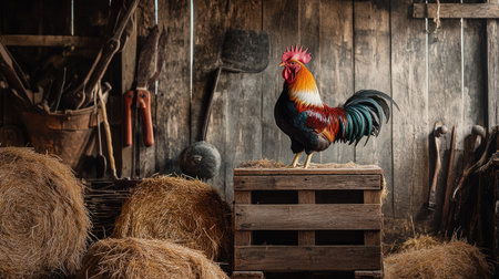 A rooster perched on a wooden crate in a rustic barn, surrounded by hay bales and vintage farm toolsの素材