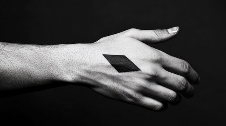 A simple abstract shape tattoo on the back of the hand, featured in a high-contrast studio light setupの素材