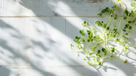 Bright and clean image of soybean sprouts layered across a white wooden background with soft natural shadowsの素材