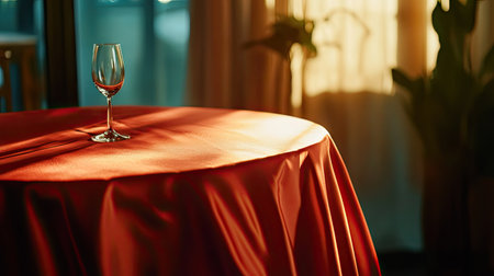 Close-up of luxurious red silk tablecloth with smooth folds and elegant shine under soft lightingの素材