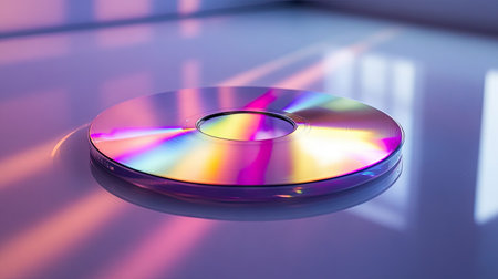 CD reflecting spectrum hues on a glossy white table, surrounded by soft ambient lightingの素材