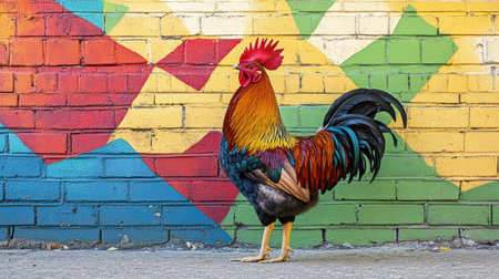 A striking rooster standing in front of a vividly painted mural wall, blending natural and urban artistryの素材