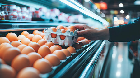 A shopper's hand placing a carton of eggs onto a moving grocery store conveyor belt under bright lightingの素材