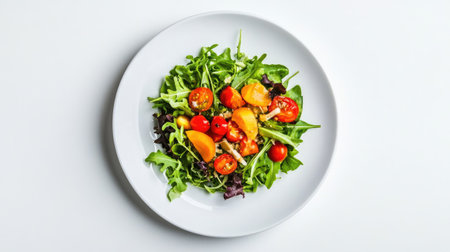 A white ceramic plate with a colorful meal styled elegantly on a clean white background, ideal for food blogsの素材