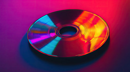 CD surface reflecting neon colors under strong artificial lighting, placed on a minimal backgroundの素材