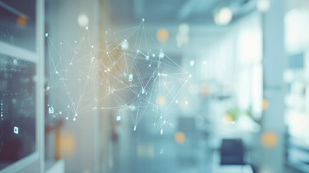 Cloud network overlay on a blurred office background with data flow animations and iconsの素材