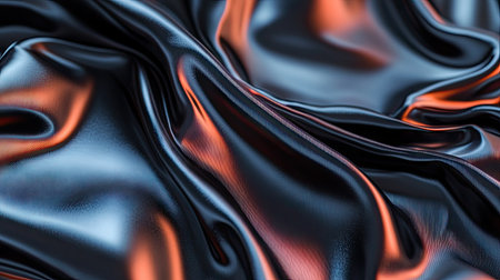 Close-up of smooth synthetic silk fabric in soft folds, highlighting its glossy texture and rich sheen on a neutral backgroundの素材