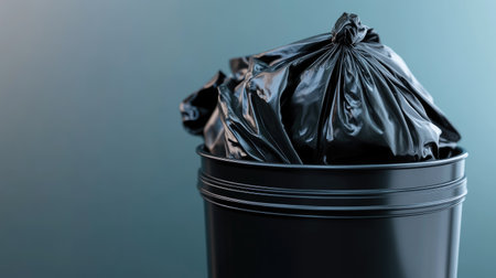 Clean empty black trash bag inside a trash can with the lid open, staged for sanitation product conceptの素材
