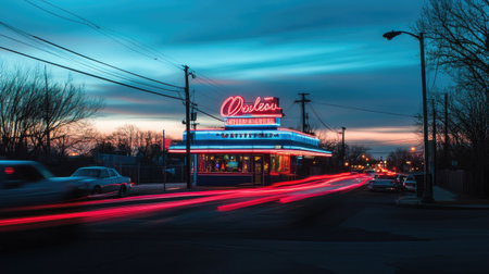 A vintage-style neon diner sign in red and blue, lit up during twilight with cars passing byの素材
