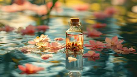 Clear essential oil bottle with herbal blend, floating in water with flower petals aroundの素材