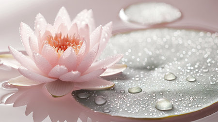 Close-up of a delicate pale pink lotus flower next to a round lily pad, with dew drops glistening on their surfacesの素材