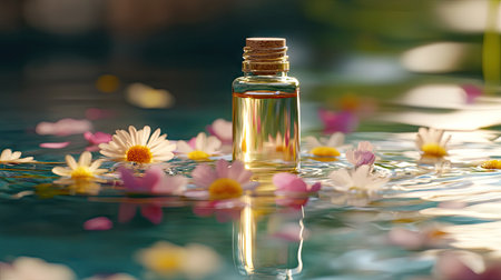 Clear essential oil bottle with herbal blend, floating in water with flower petals aroundの素材