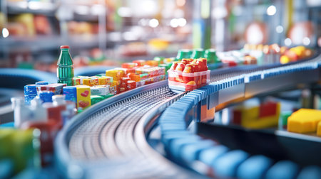 Conveyor belt filled with frozen foods, snacks, and soda bottles, symbolizing a busy family grocery tripの素材