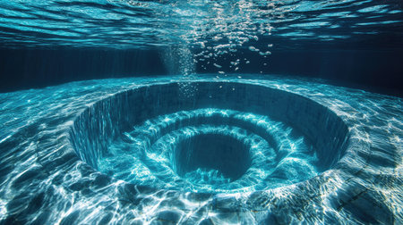 Crystal-clear underwater vortex in a swimming pool, surrounded by air bubbles and surface ripplesの素材