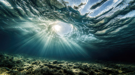 Deep ocean vortex spinning downward, drawing in water and light from the surrounding areaの素材