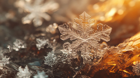 Detailed macro shot of untouched snowflakes resting on a flat surface, showcasing unique ice crystal formations in natural lightの素材