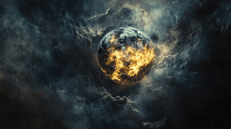 Earth transformed into a fireball, surrounded by a smoky aura, against the darkness of spaceの素材