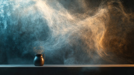 Dramatic studio-style lighting showing dust swirls in the air over a dark textured backgroundの素材