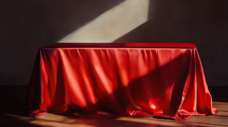 Dramatic lighting casting soft shadows over a red silk tablecloth with a smooth, reflective finishの素材