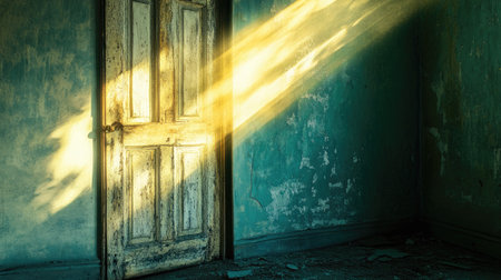 Dusty rays of morning light filtering through a cracked wooden door into a quiet, abandoned spaceの素材