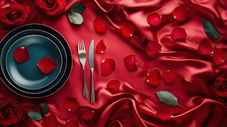 Flat lay of red silk tablecloth with scattered rose petals and romantic dinnerware elementsの素材
