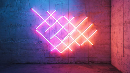 Fluorescent lights forming geometric patterns while hanging in front of a textured wallの素材