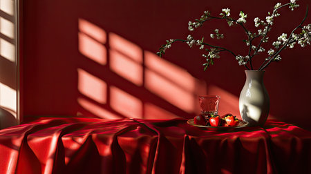 Dramatic lighting casting soft shadows over a red silk tablecloth with a smooth, reflective finishの素材