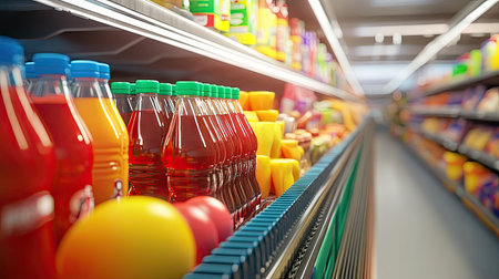 Conveyor belt filled with frozen foods, snacks, and soda bottles, symbolizing a busy family grocery tripの素材