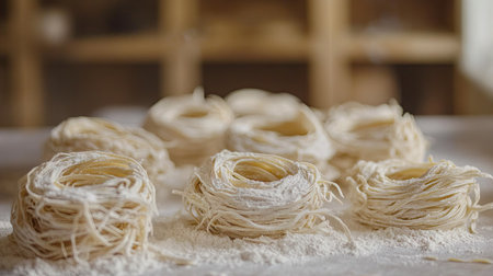 Freshly made fettuccine nests dusted with flour arranged on a floured countertop in natural kitchen lightingの素材