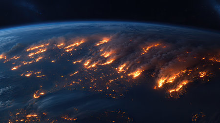 Planet Earth covered in wildfires with smoke plumes rising into space, representing environmental destructionの素材
