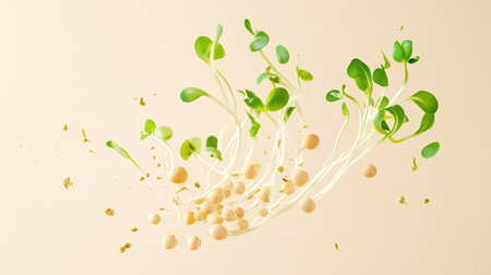 Floating soybean sprouts digitally isolated on a solid color background, emphasizing freshness and motionの素材