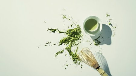 Flat lay of matcha green tea powder scattered artistically on a white surface with a ceramic bowl and whisk nearbyの素材