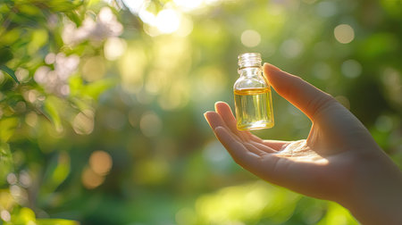 Hand holding a small essential oil bottle against a blurred garden or nature backgroundの素材