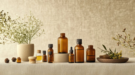 Group of essential oil bottles in different shades of amber, arranged with botanical props on a neutral backdropの素材