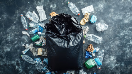 Open trash can with black bag inserted, surrounded by empty recyclables, representing waste sortingの素材